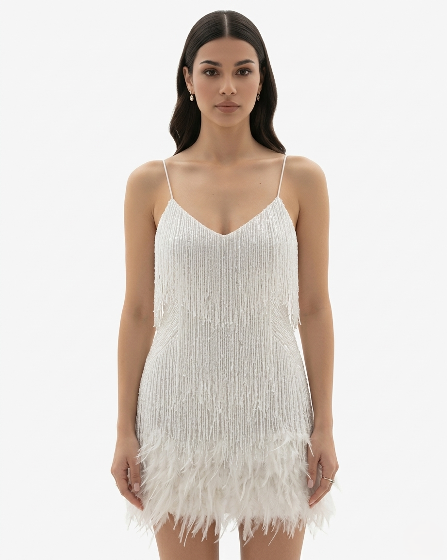 women's sequin fringe mini dress - white color front view