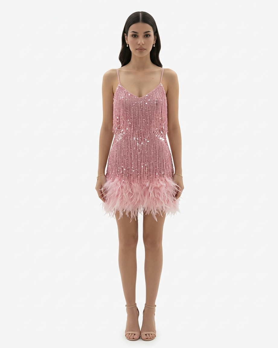 women's sequin fringe mini dress - full length view