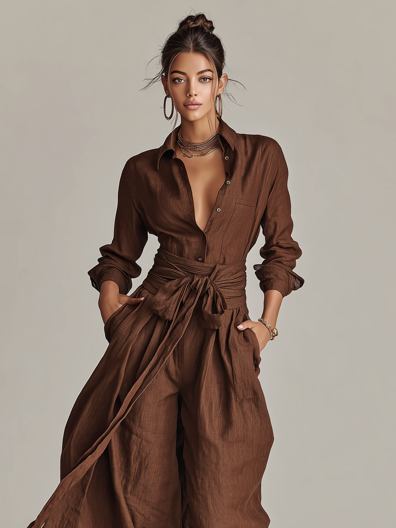 Women's Shirt Collar Cotton-Linen Blend Wide-Leg Jumpsuit | Belted Casual Jumpsuit