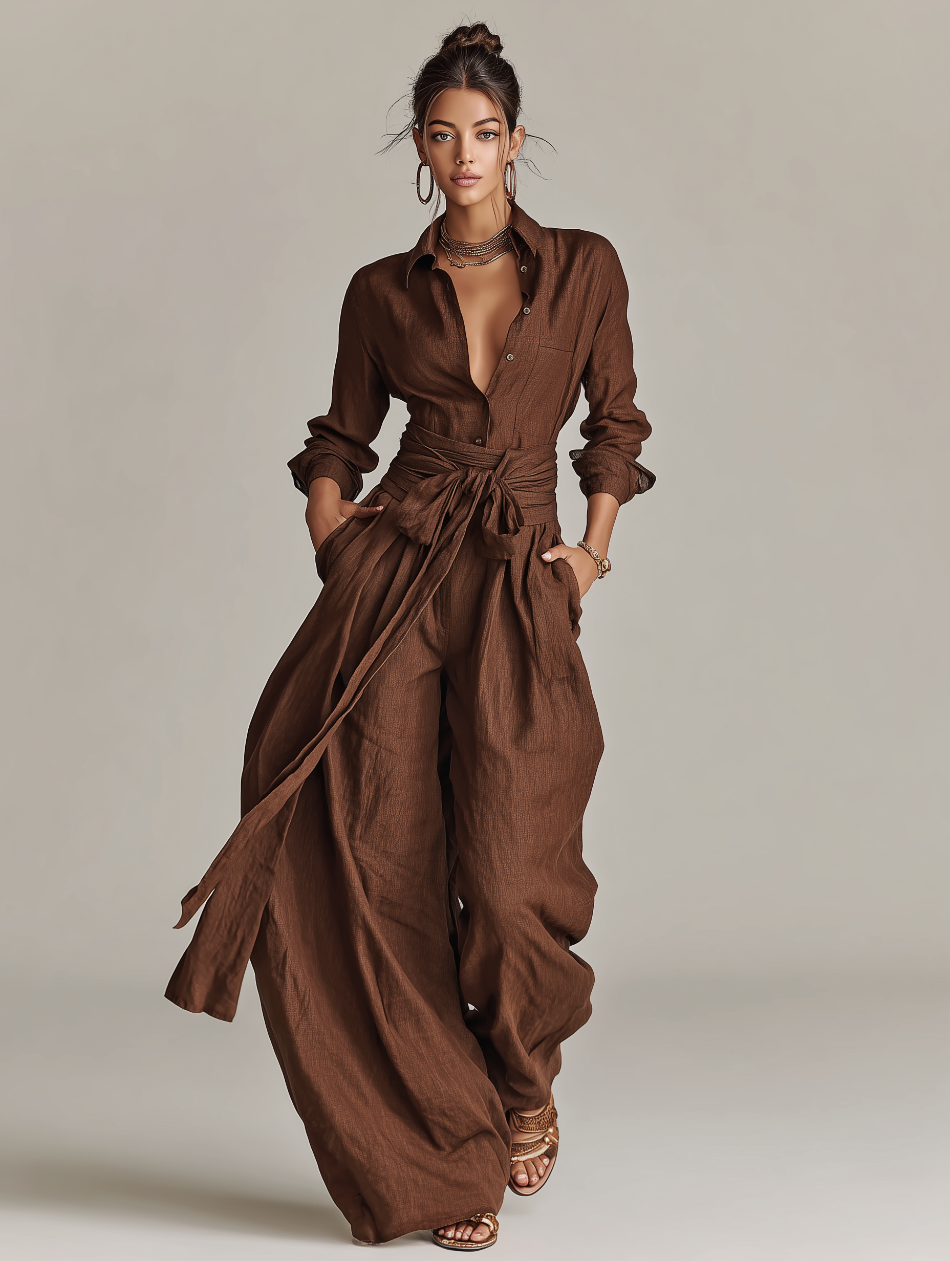 Women's Shirt Collar Cotton-Linen Blend Wide-Leg Jumpsuit | Belted Casual Jumpsuit