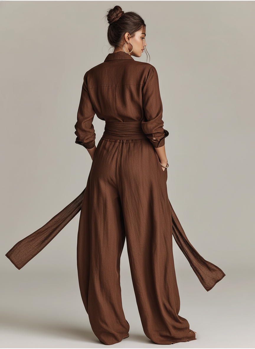 Women's Shirt Collar Cotton-Linen Blend Wide-Leg Jumpsuit | Belted Casual Jumpsuit
