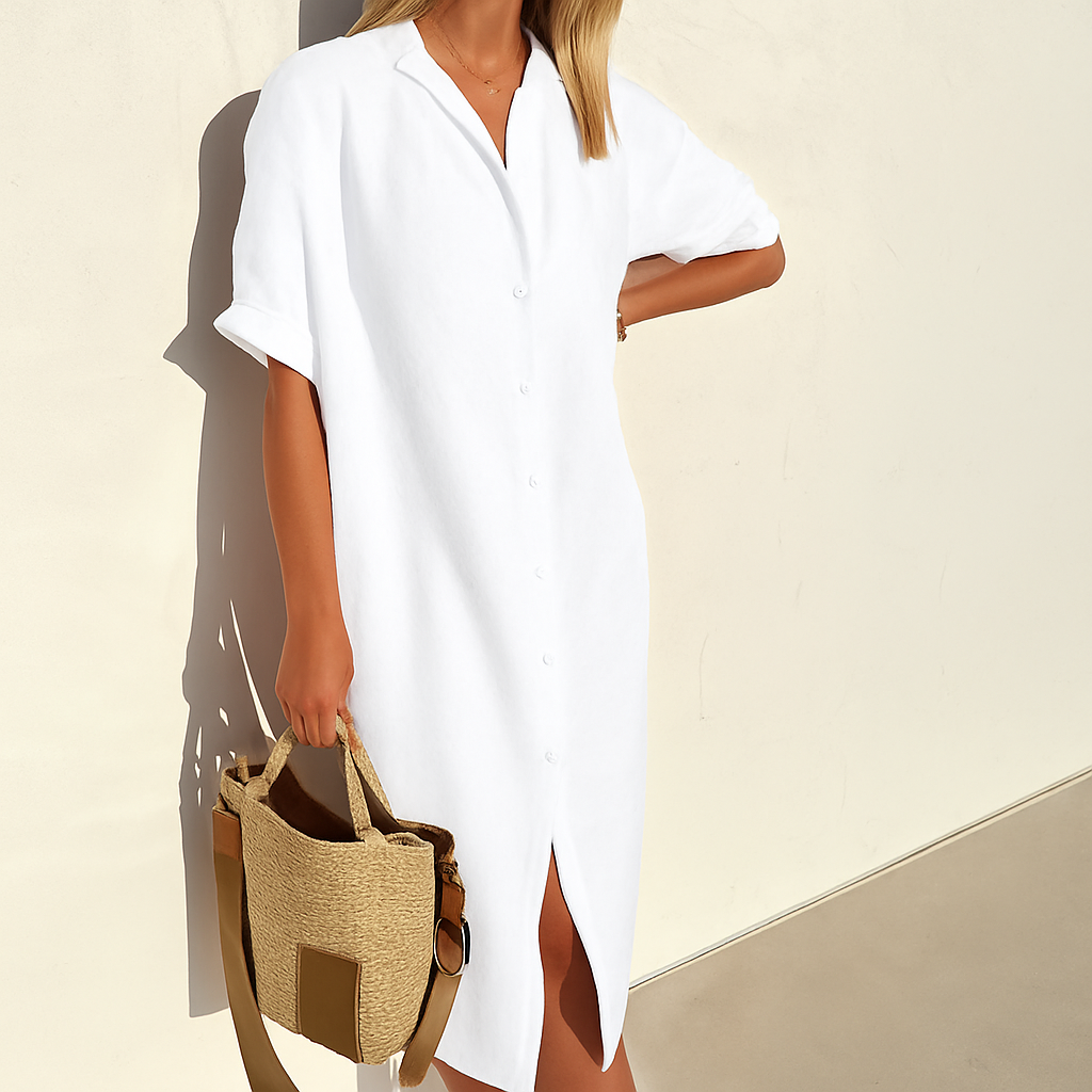 Women's Button-Down Short Sleeve Midi Shirt Dress | Casual Summer Dress