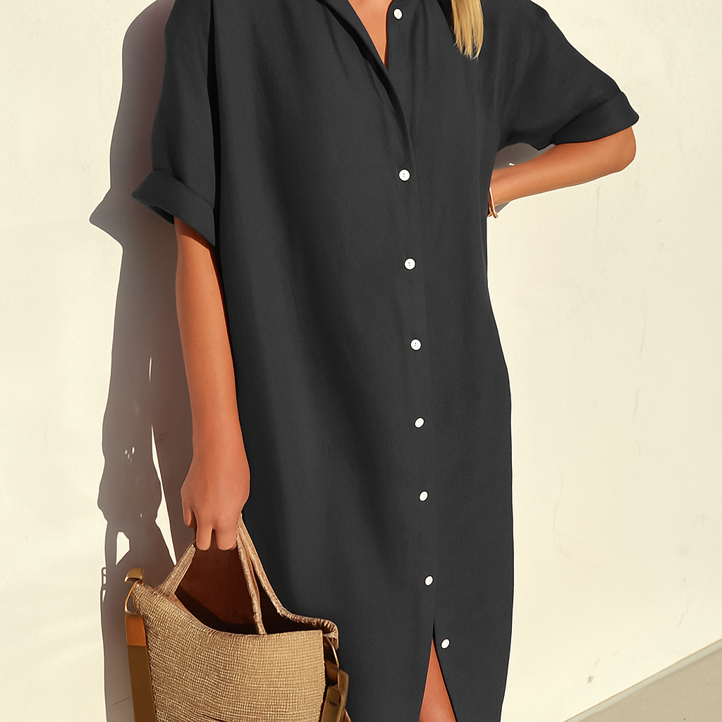 Women's Button-Down Short Sleeve Midi Shirt Dress | Casual Summer Dress