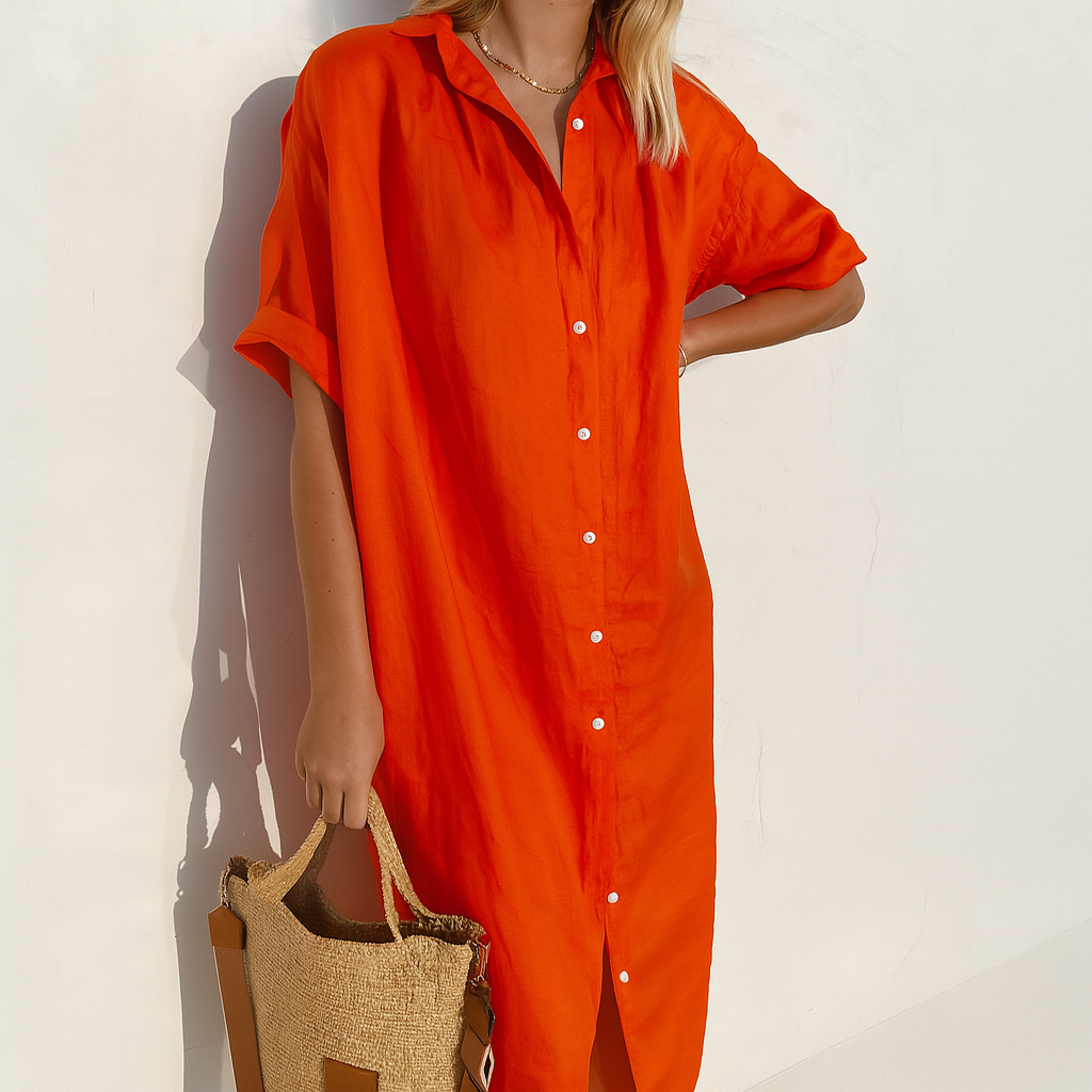 Women's Button-Down Short Sleeve Midi Shirt Dress | Casual Summer Dress