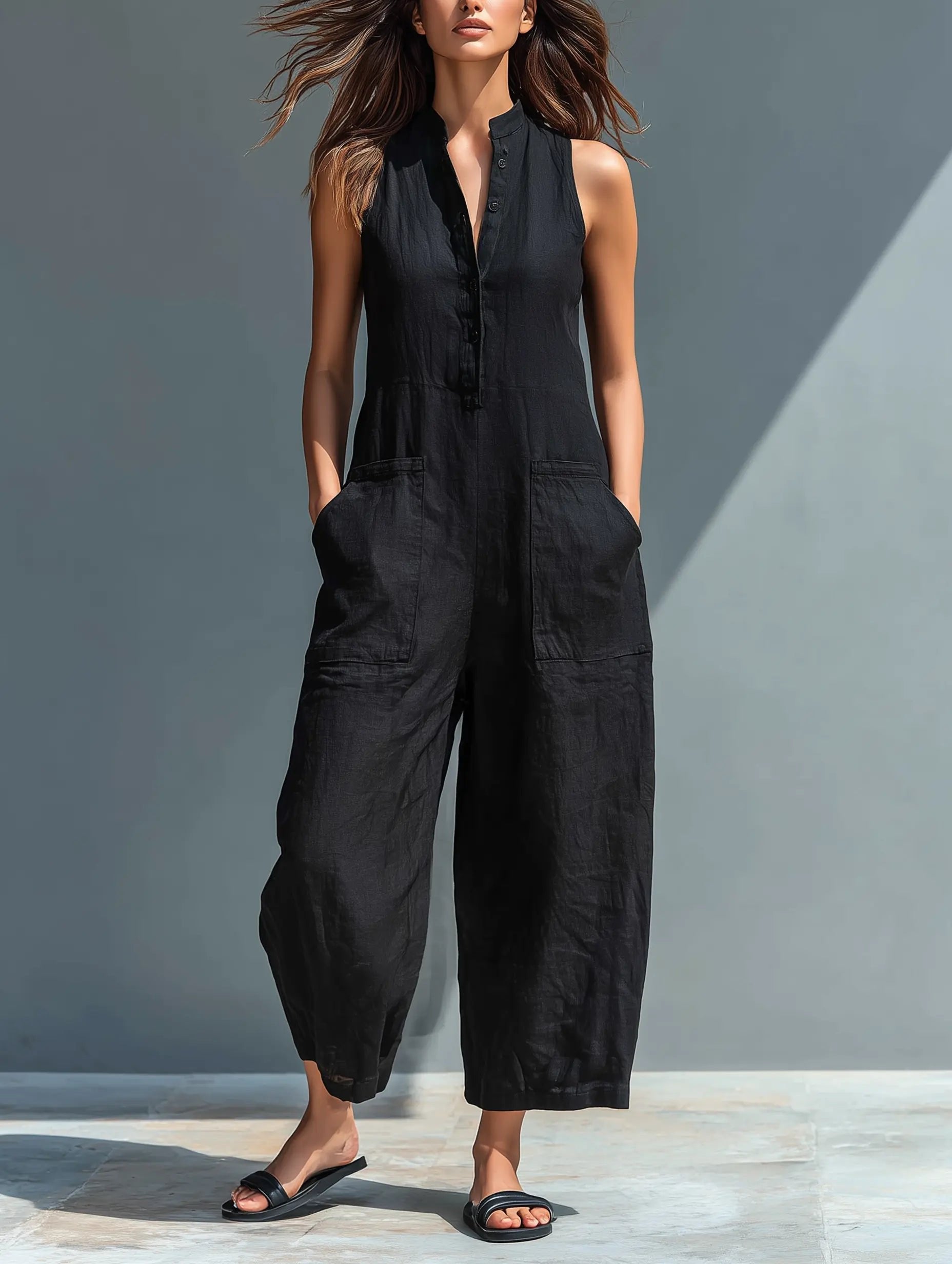 Women's sleeveless stand-collar linen jumpsuit - front view