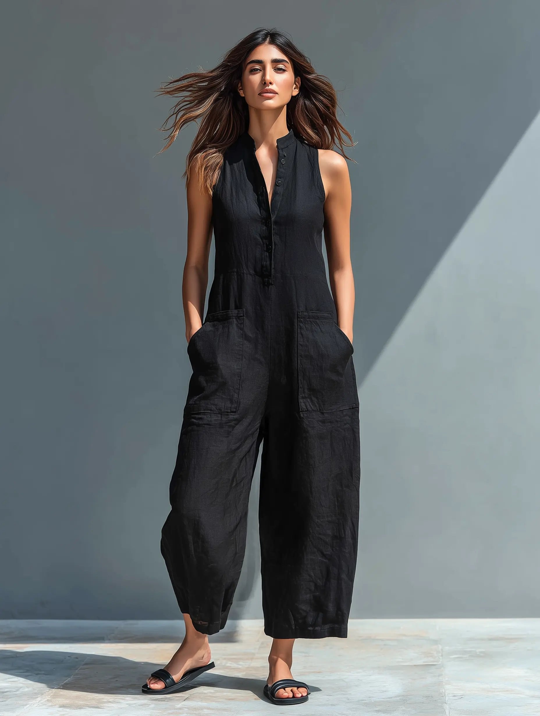 Women's sleeveless stand-collar linen jumpsuit - close-up view