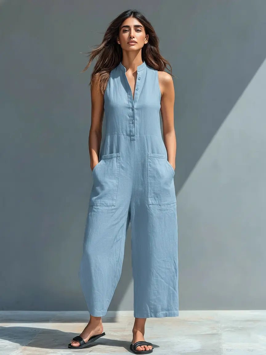 Women's sleeveless stand-collar linen jumpsuit - lifestyle view