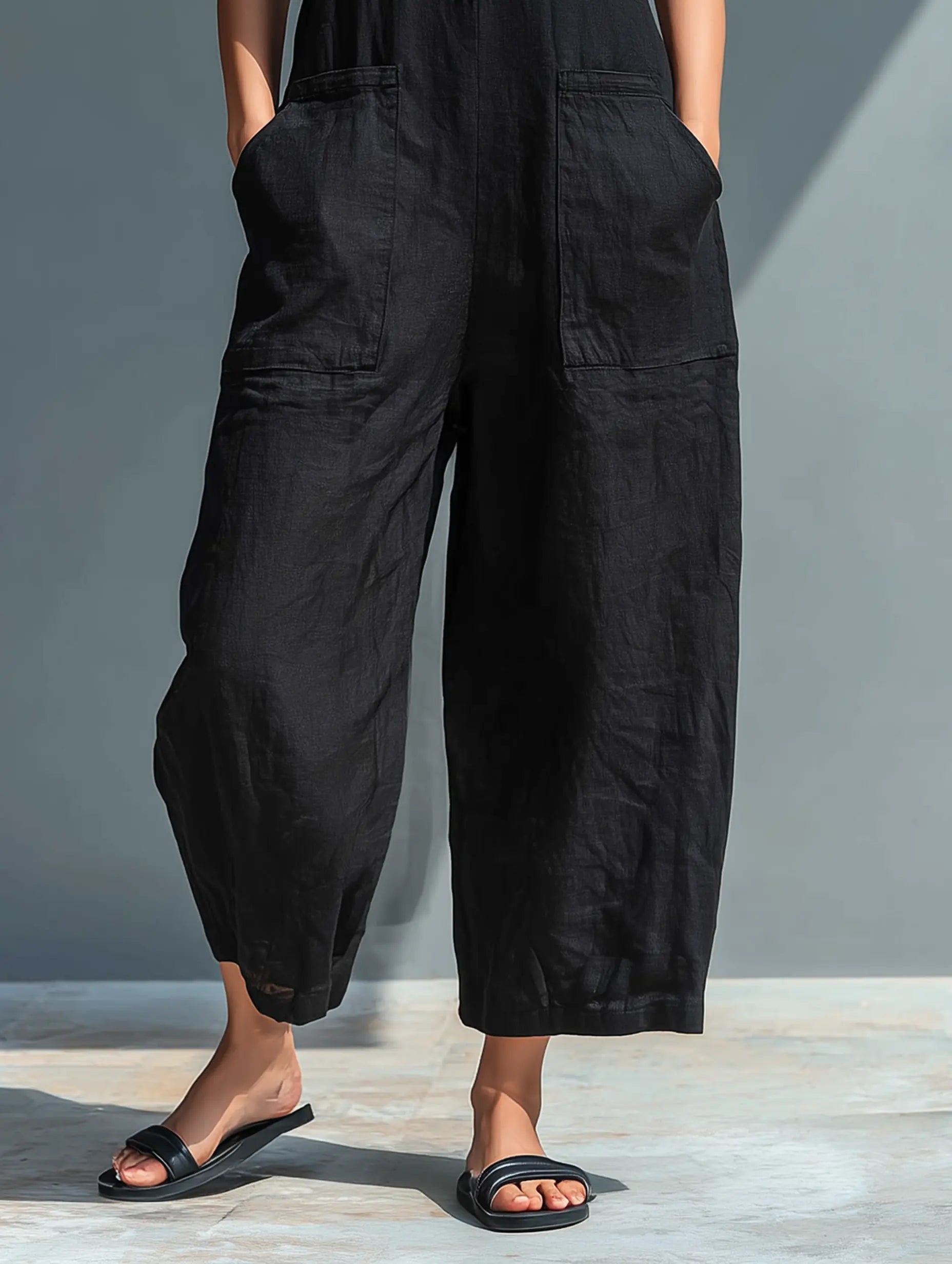 Women's sleeveless stand-collar linen jumpsuit - alternate view