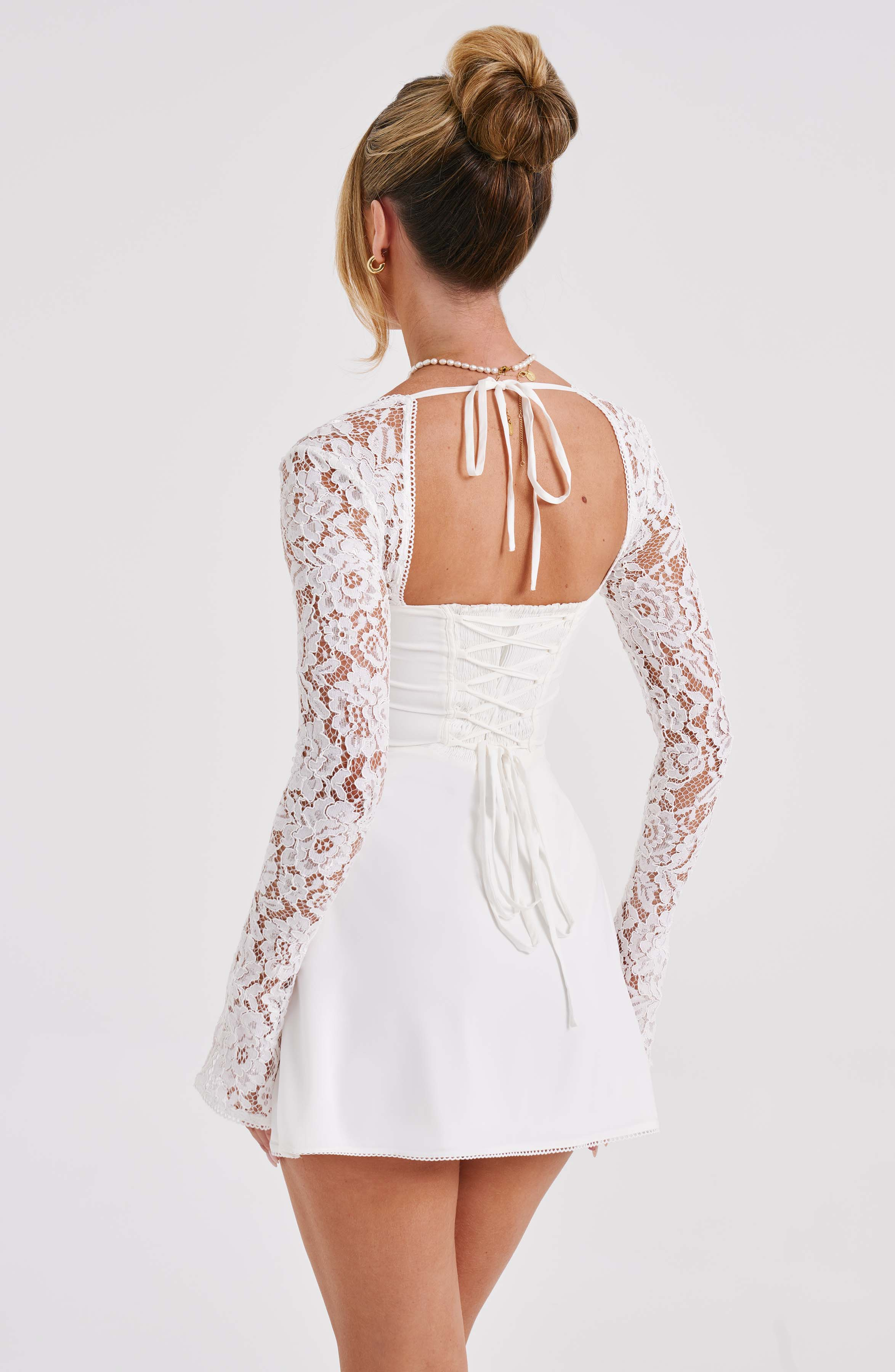 women's strapless lace long sleeve mini dress - side view