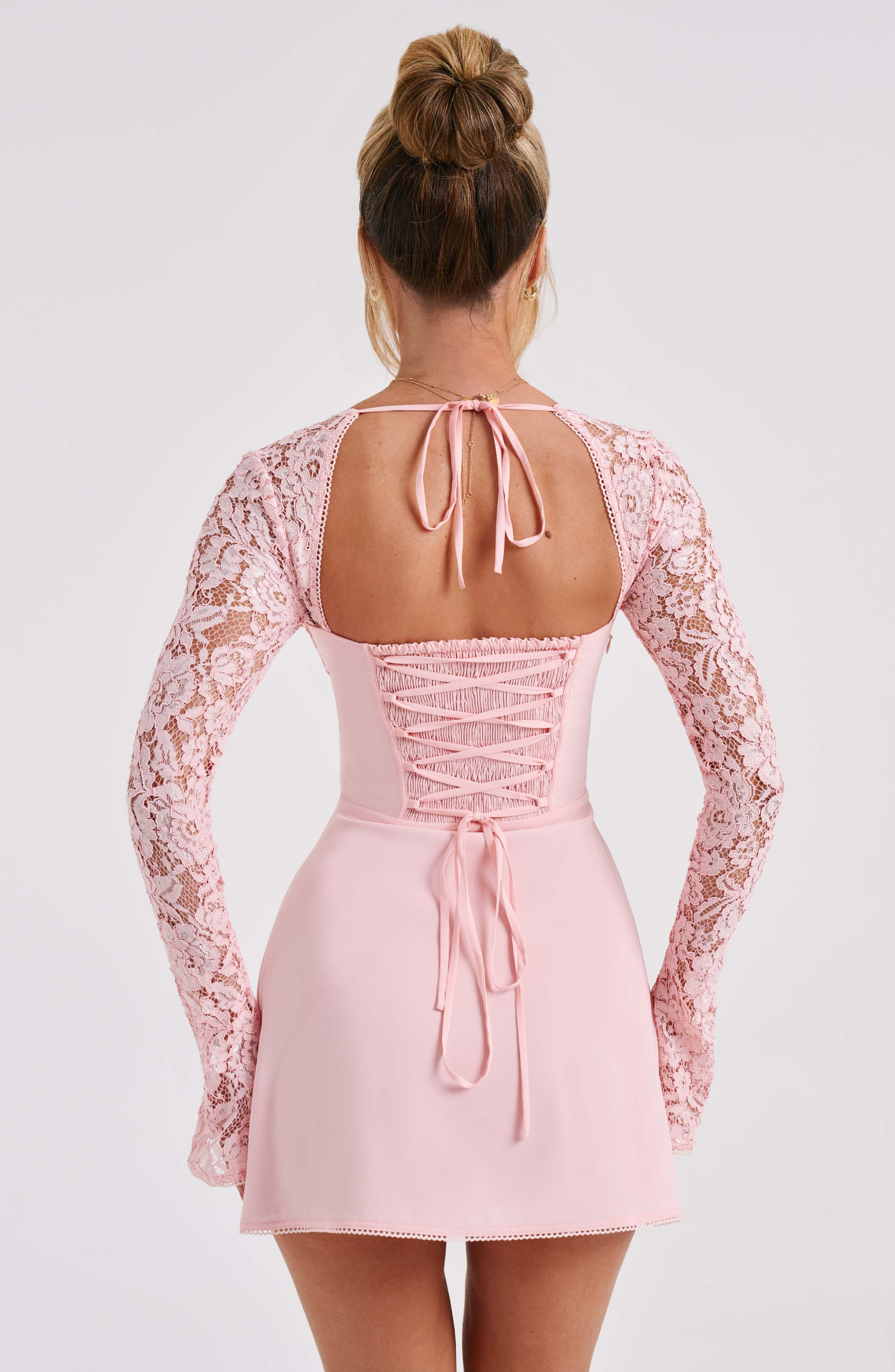 women's strapless lace long sleeve mini dress - white color
