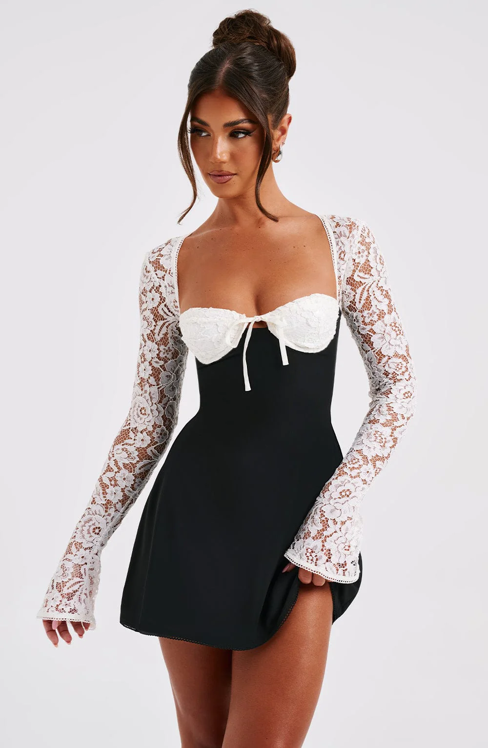 women's strapless lace long sleeve mini dress - two-tone color