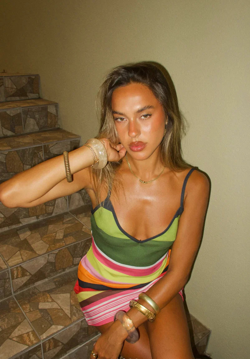 Women's Striped V-Neck Spaghetti Strap Knit Mini Dress | Casual Summer Dress