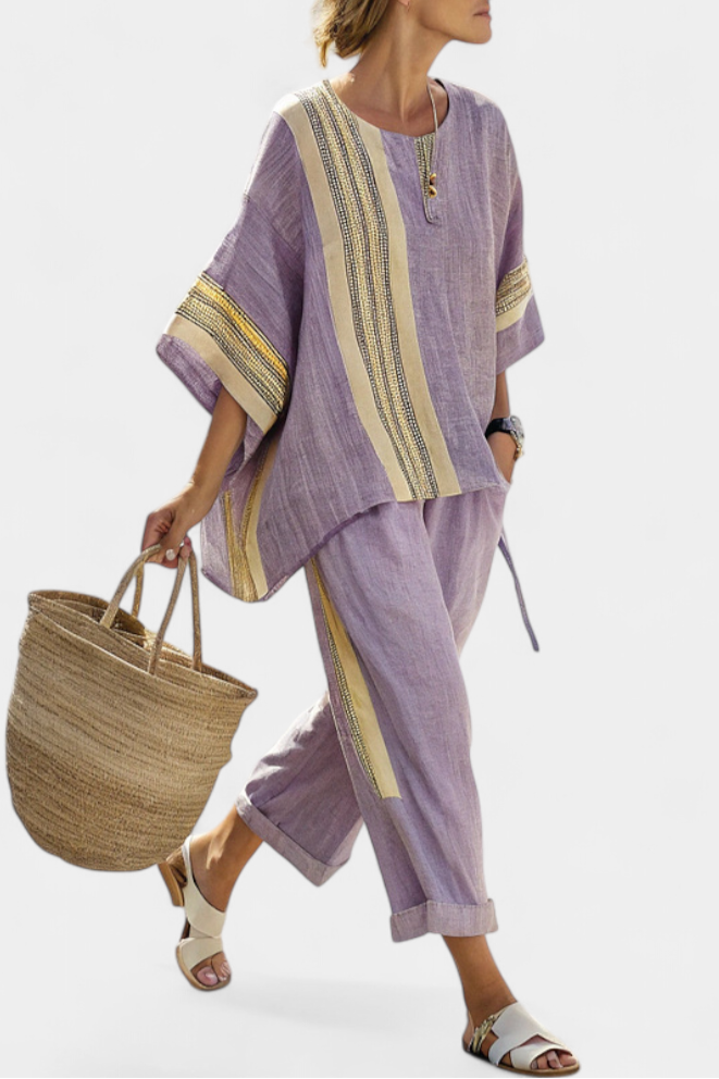 Women's Striped Oversized Linen Co-Ord Set | Wide-Leg Pants Two-Piece