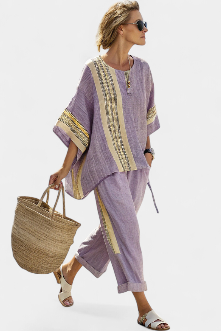 Women's Striped Oversized Linen Co-Ord Set | Wide-Leg Pants Two-Piece