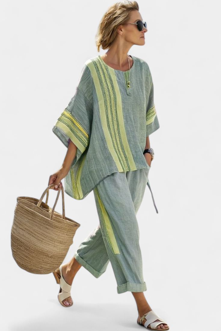 Women's Striped Oversized Linen Co-Ord Set | Wide-Leg Pants Two-Piece