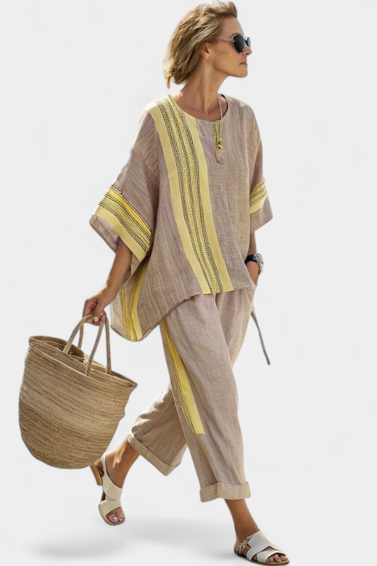Women's Striped Oversized Linen Co-Ord Set | Wide-Leg Pants Two-Piece