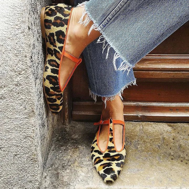 Women's suede leopard print T-strap pointed-toe flats