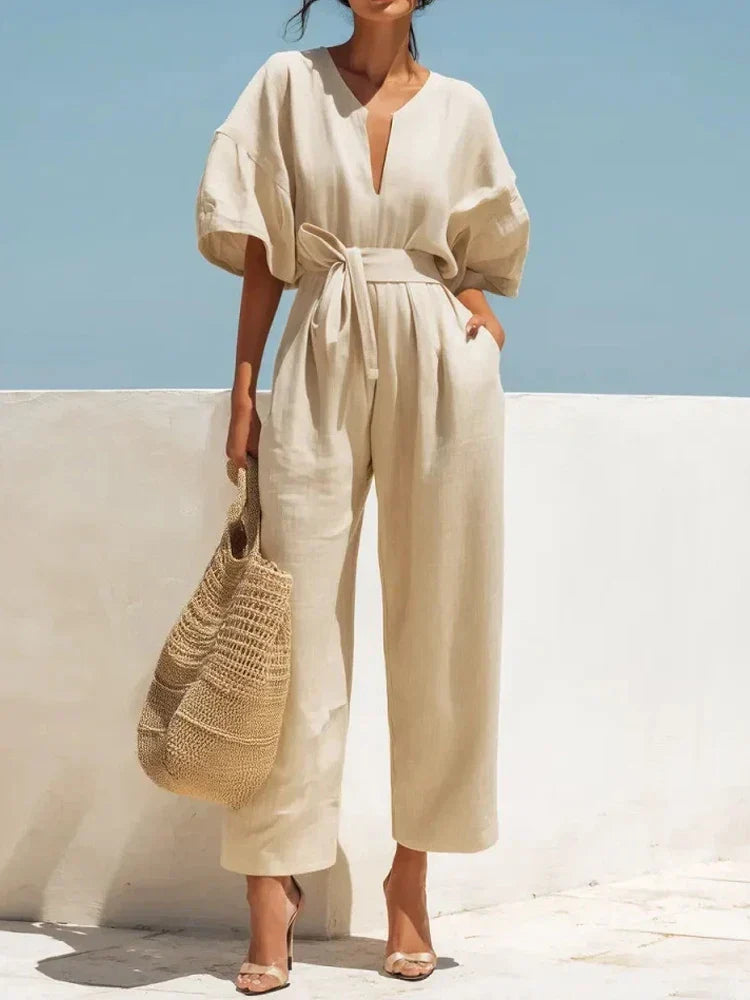 women's summer linen jumpsuit - side profile