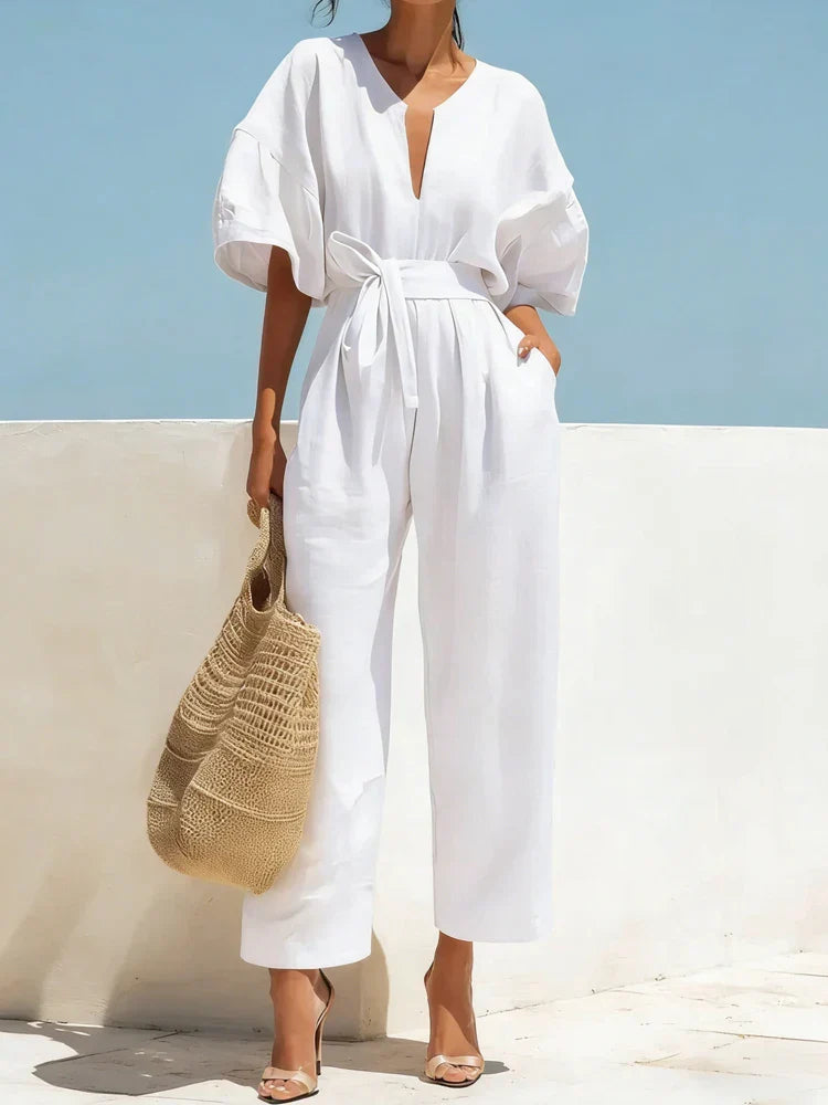 women's summer linen jumpsuit - side view