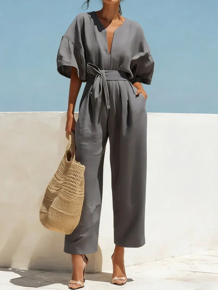 women's summer linen jumpsuit - worn view