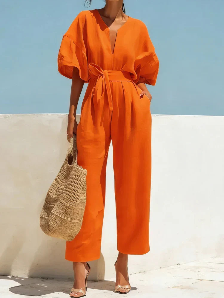 women's summer linen jumpsuit - fabric detail