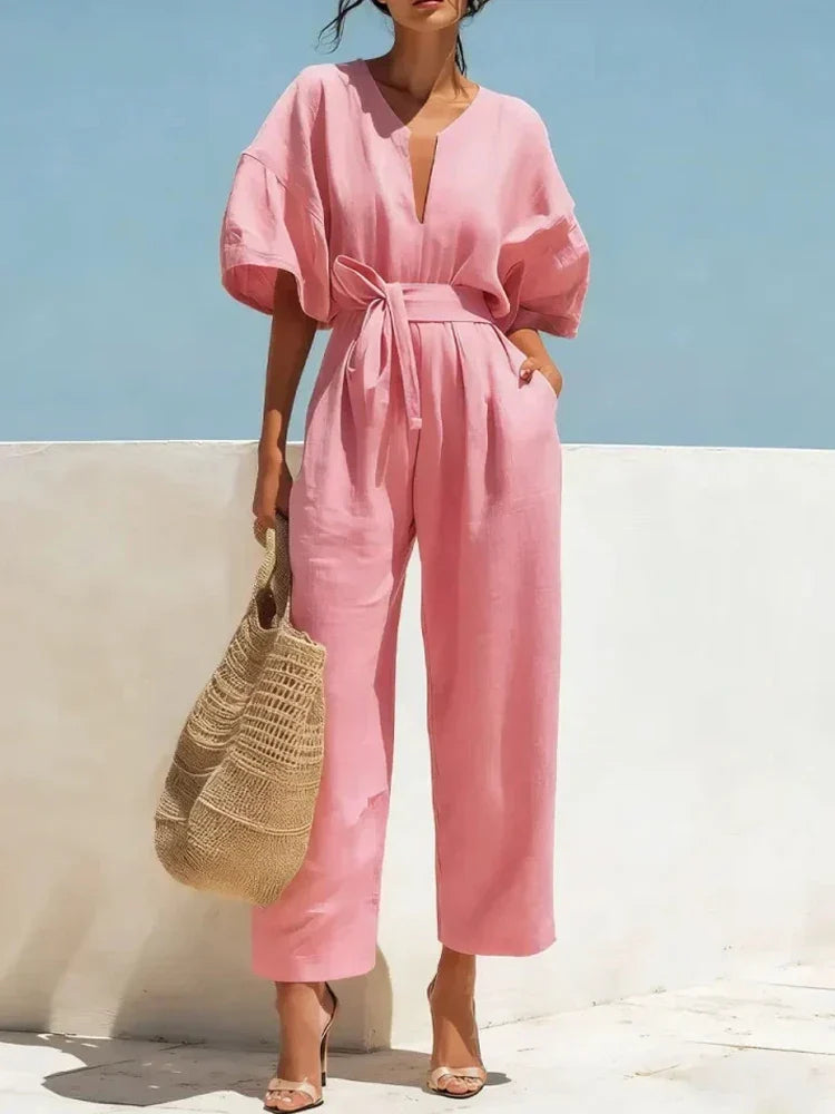 women's summer linen jumpsuit - worn outdoor