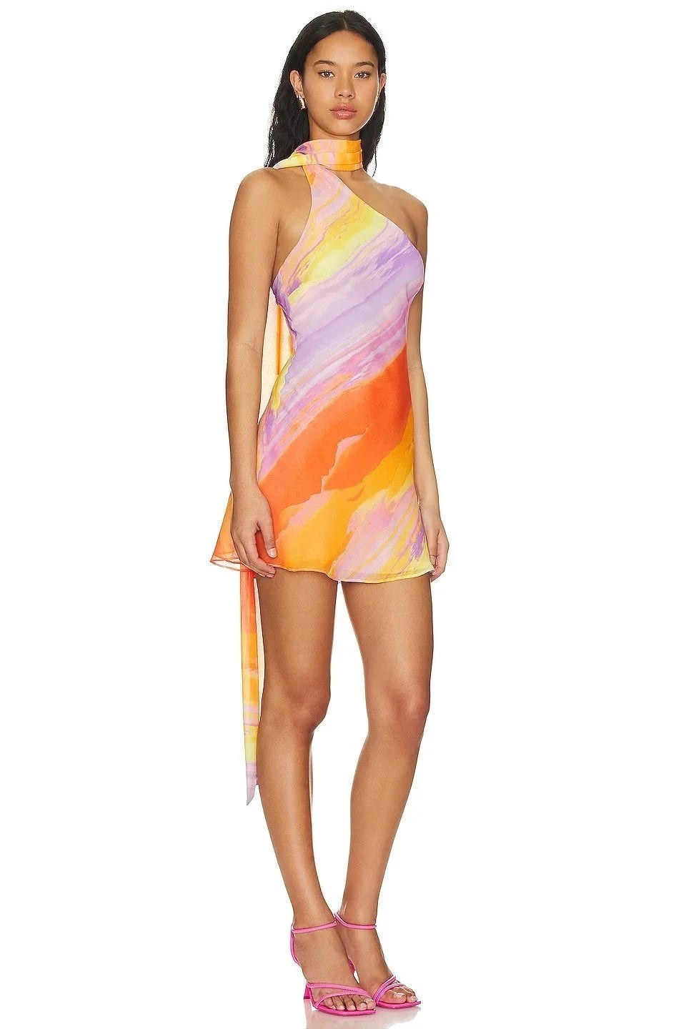 Women's tropical print halter neck mini dress - full view