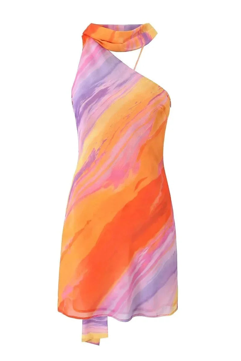 Women's tropical print halter neck mini dress - close-up view