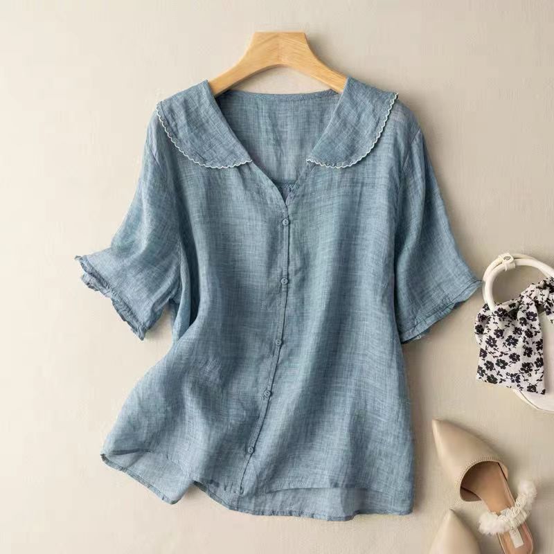 womens vintage blouse with scalloped collar | button-front casual top - back view