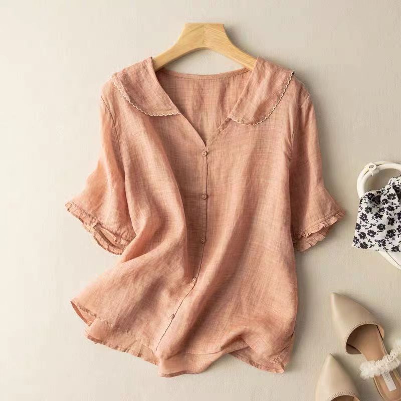womens vintage blouse with scalloped collar | button-front casual top - side view