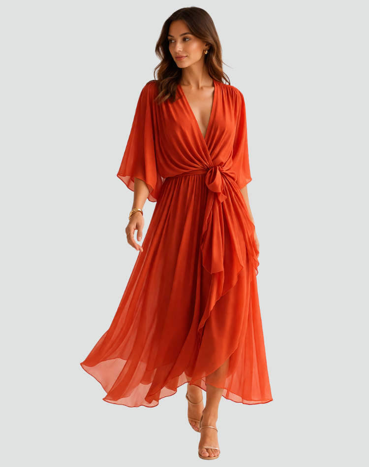 Women's wrap neck tie-waist formal midi dress - front view