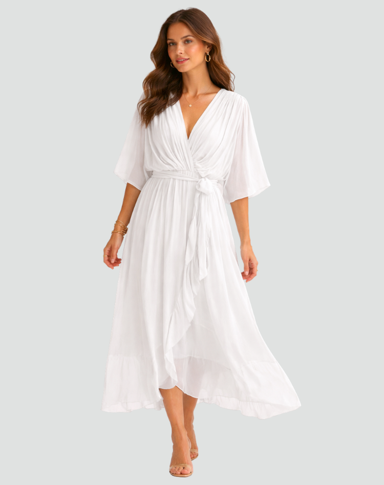 Women's wrap neck tie-waist formal midi dress - color variant
