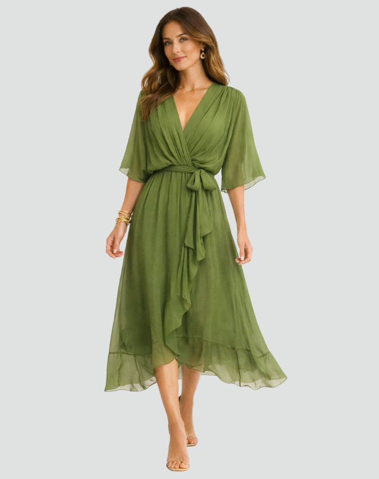 Women's wrap neck tie-waist formal midi dress - side view