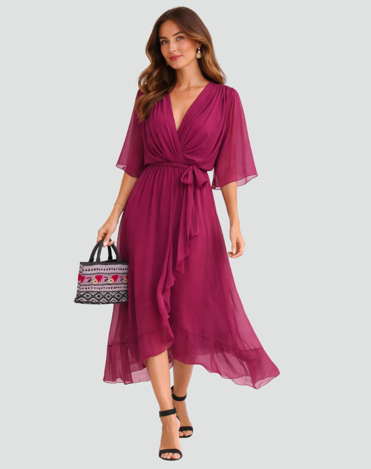 Women's wrap neck tie-waist formal midi dress - waist detail
