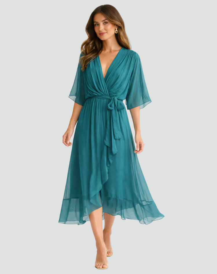 Women's wrap neck tie-waist formal midi dress - lifestyle view