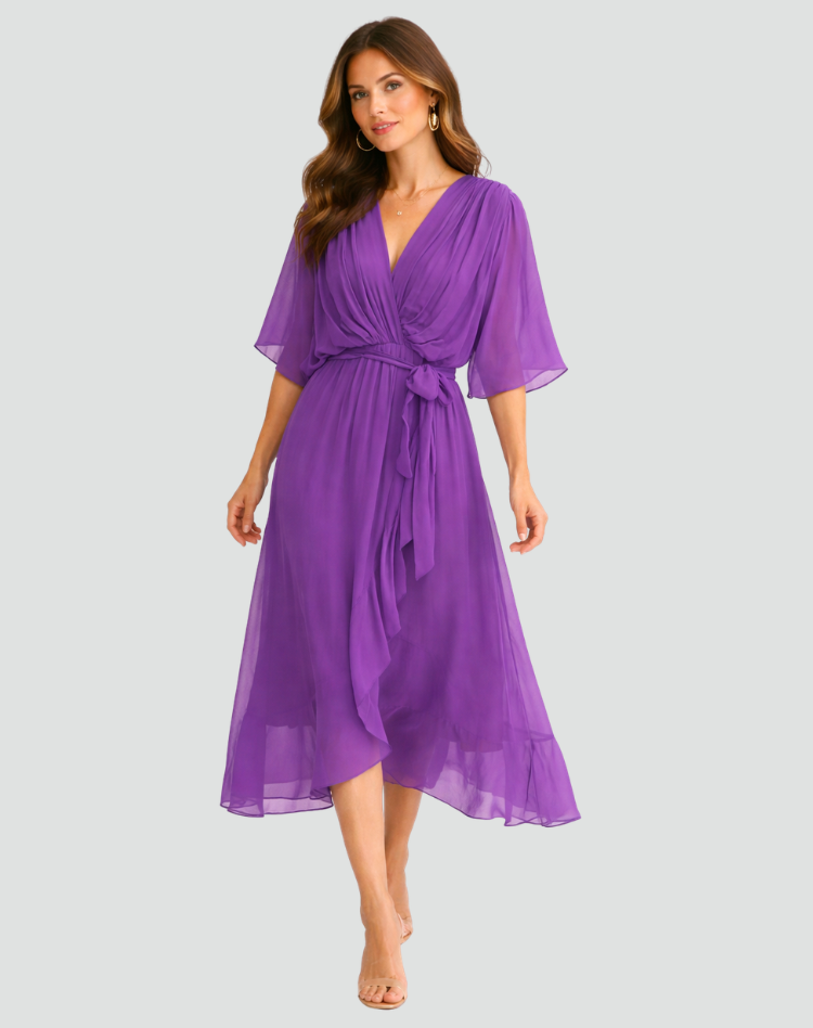 Women's wrap neck tie-waist formal midi dress - worn view