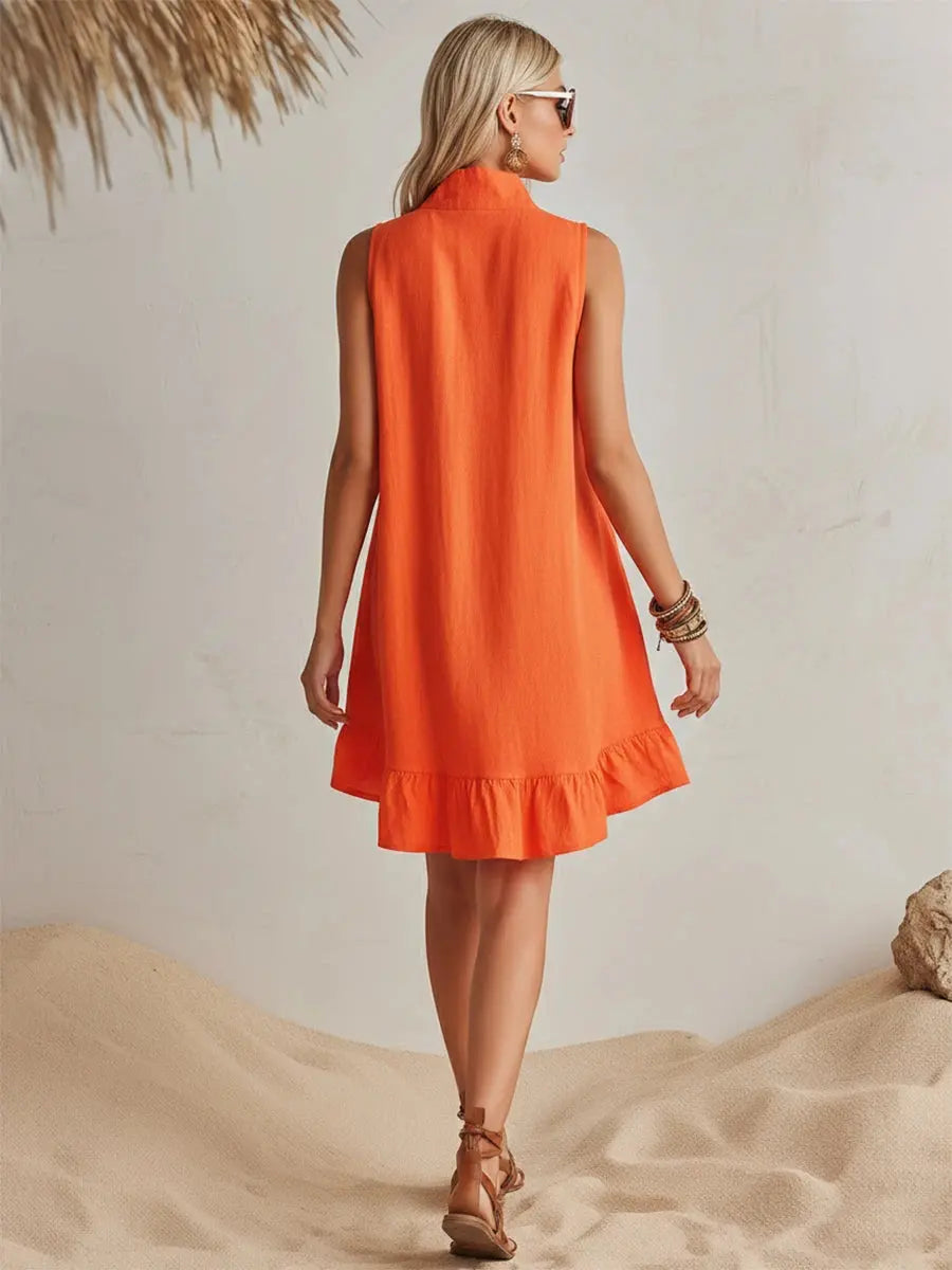 Women's Orange Cotton Mini Dress with Pockets | Stand Collar Half-Zip