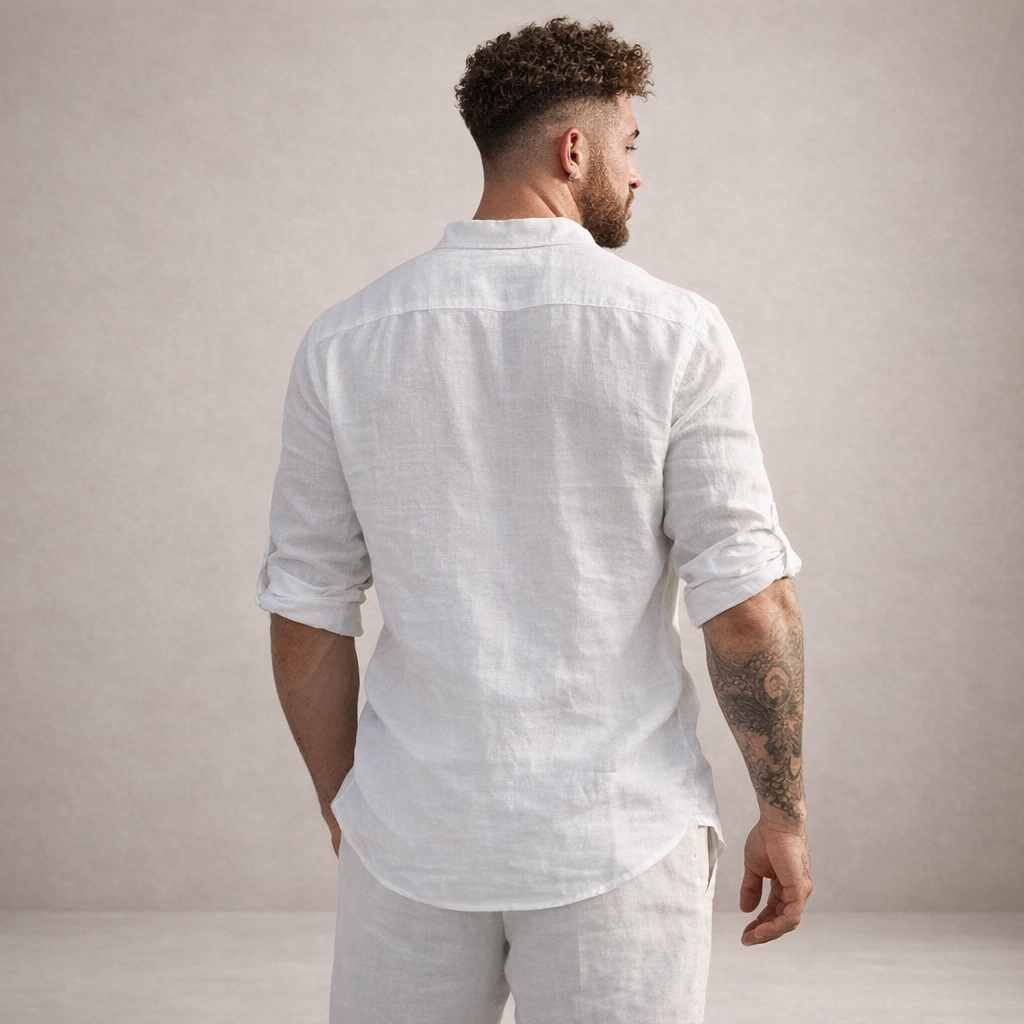 mens regular fit linen shirt | stand collar breathable long sleeve top - back view