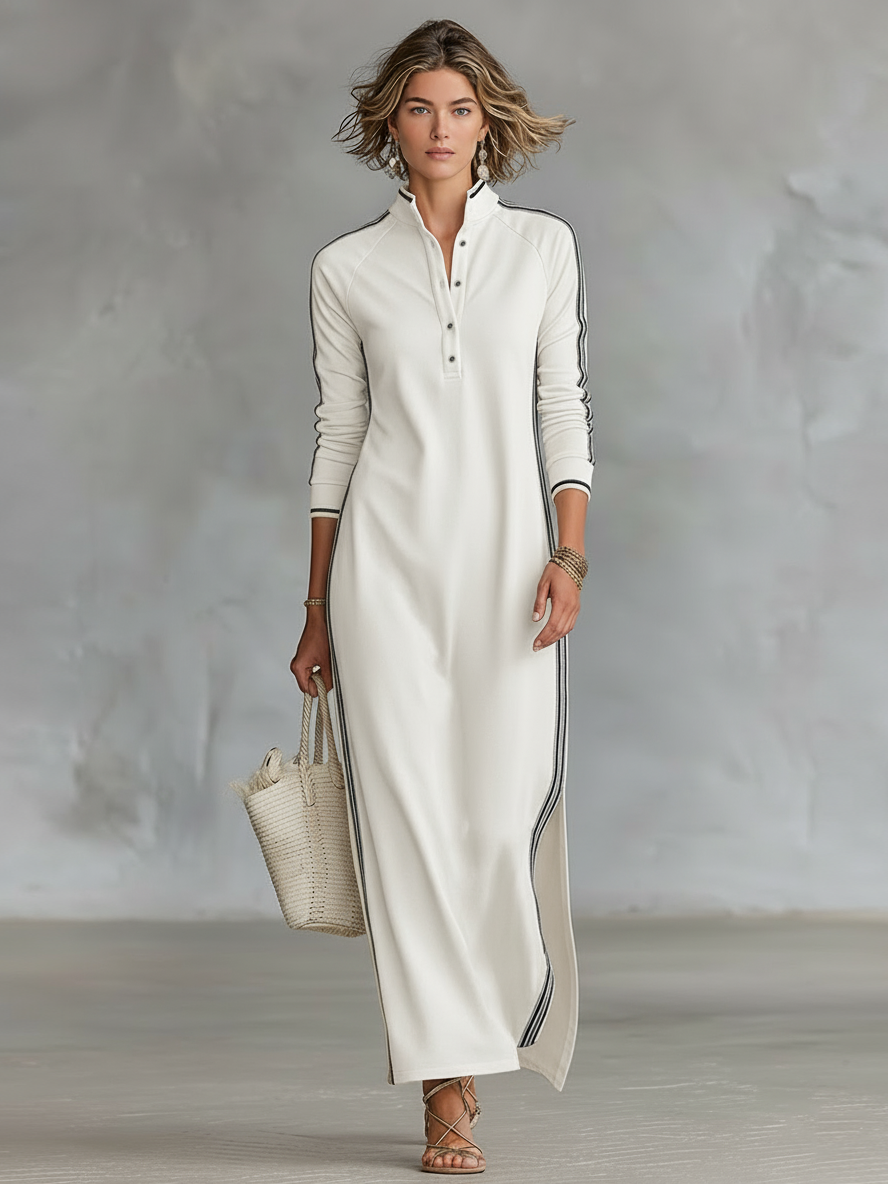 Women's Black Sweatshirt Maxi Dress | Button-Down Collar White Trim Casual Minimalist Dress