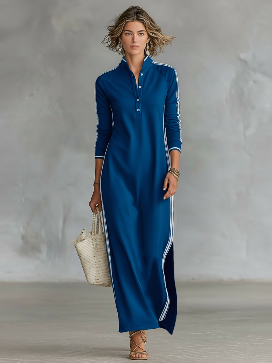Women's Black Sweatshirt Maxi Dress | Button-Down Collar White Trim Casual Minimalist Dress