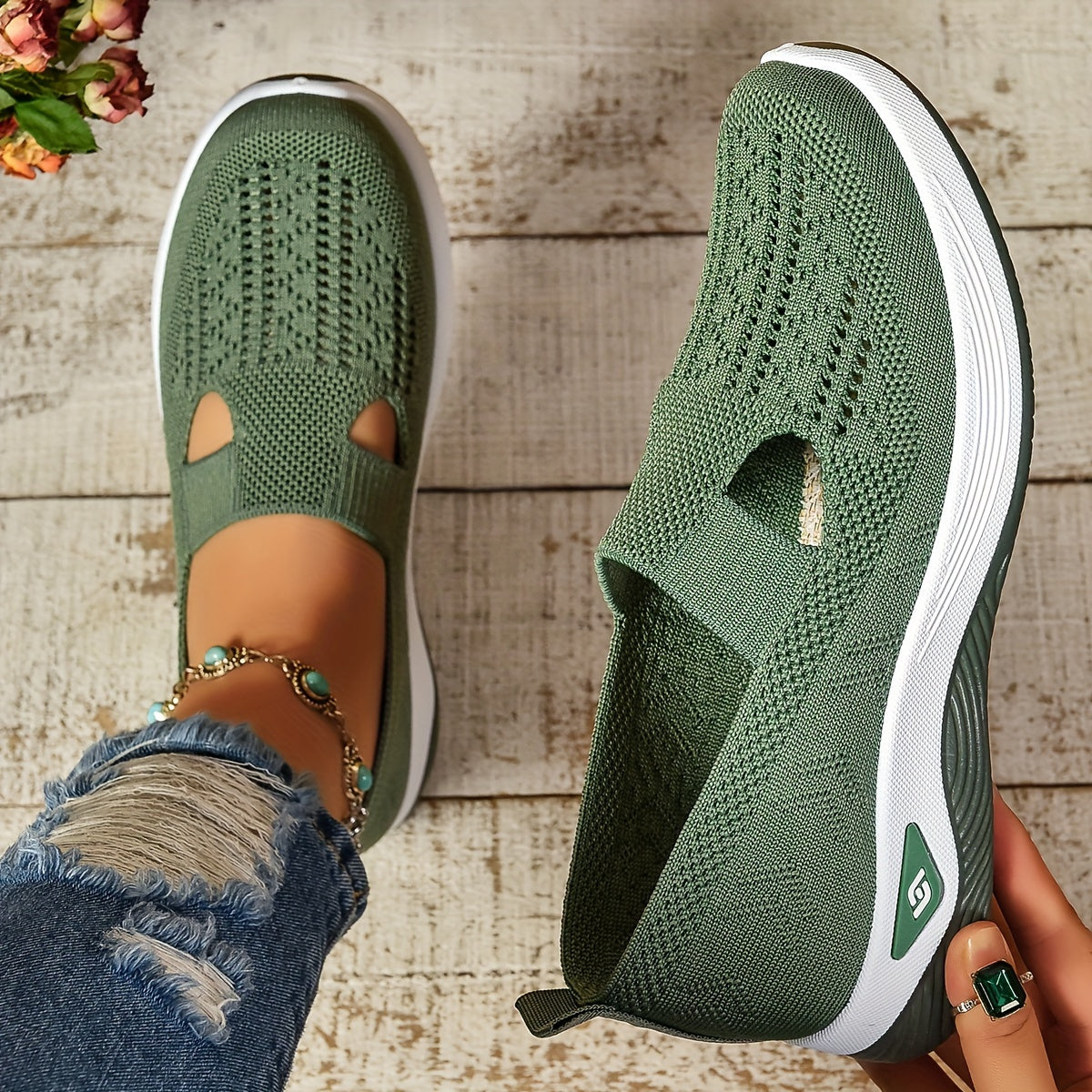 Women's green slip-on comfort shoes - side view