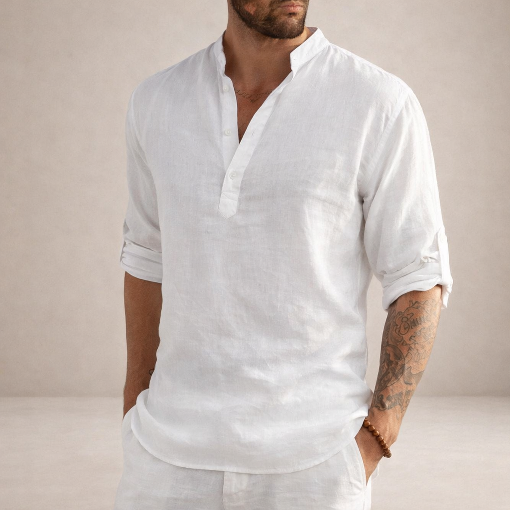 mens regular fit linen shirt | stand collar breathable long sleeve top - front view