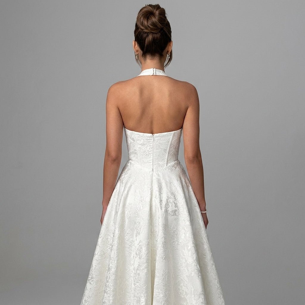 Women's Halter Neck Bow Deep V-Back Full A-Line Midi Dress Cocktail Formal