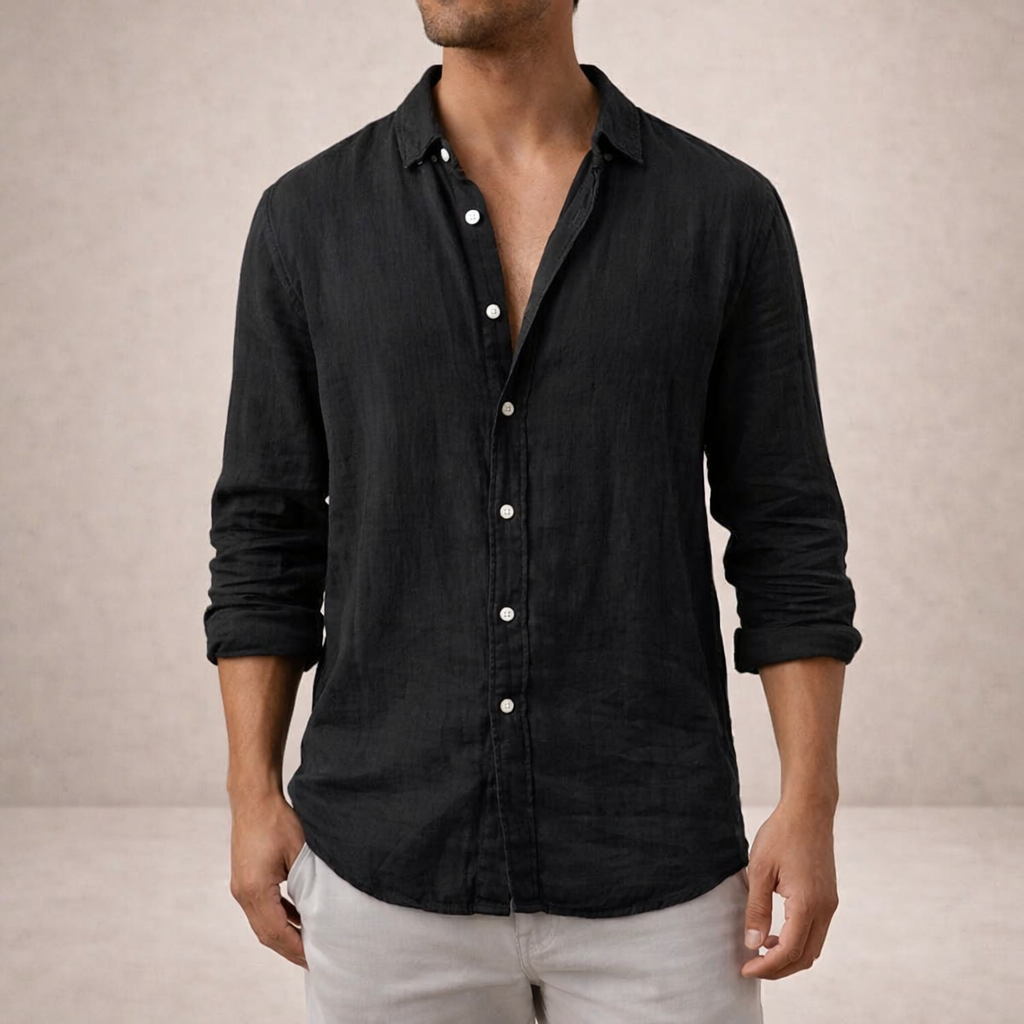 mens regular fit long sleeve linen shirt | open collar breathable top - lifestyle view