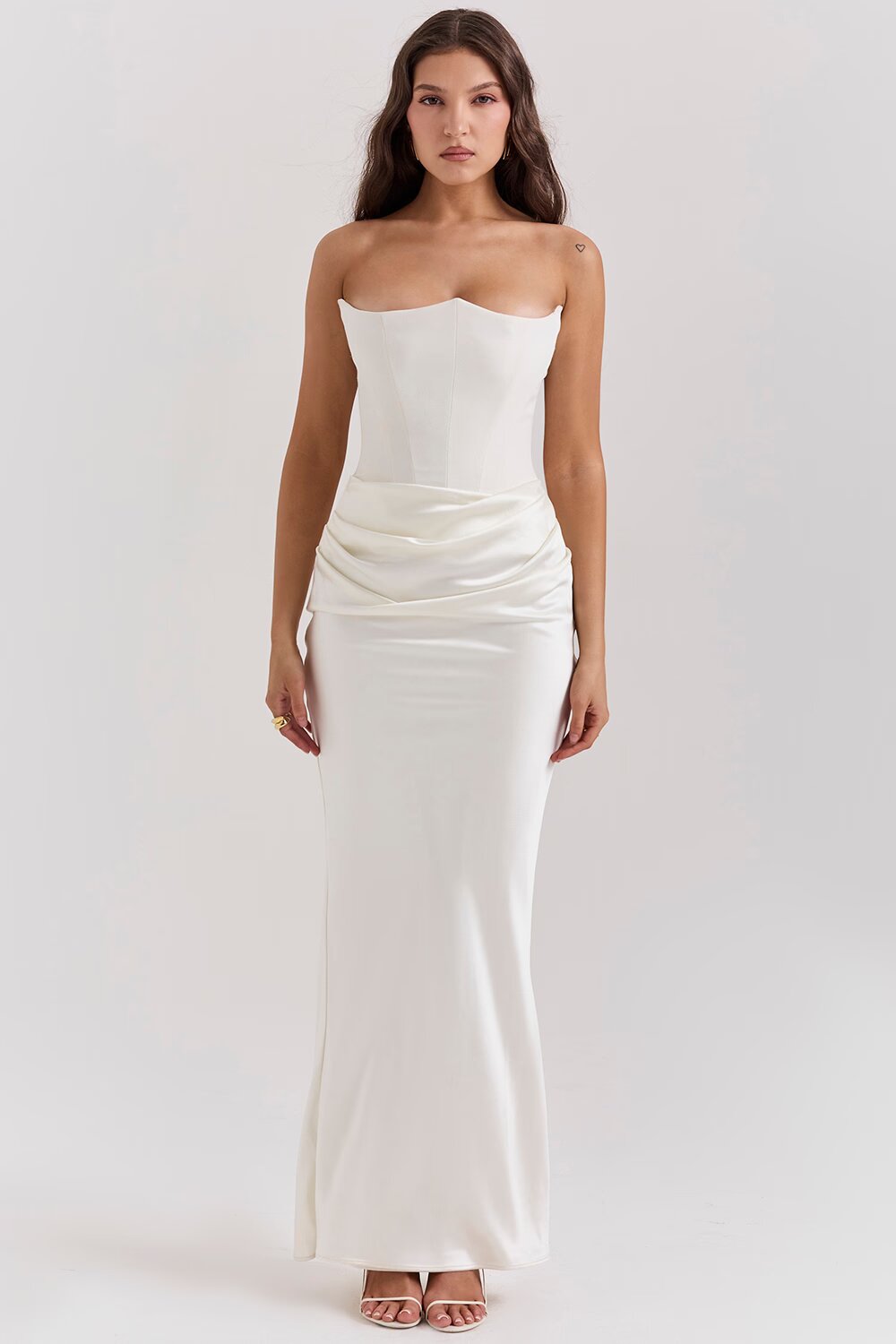 Women's Brown Strapless Ruched Fitted Maxi Evening Dress Wedding Guest