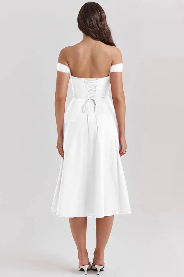Women's Off Shoulder Sweetheart A-Line Midi Dress with Slit Wedding Guest