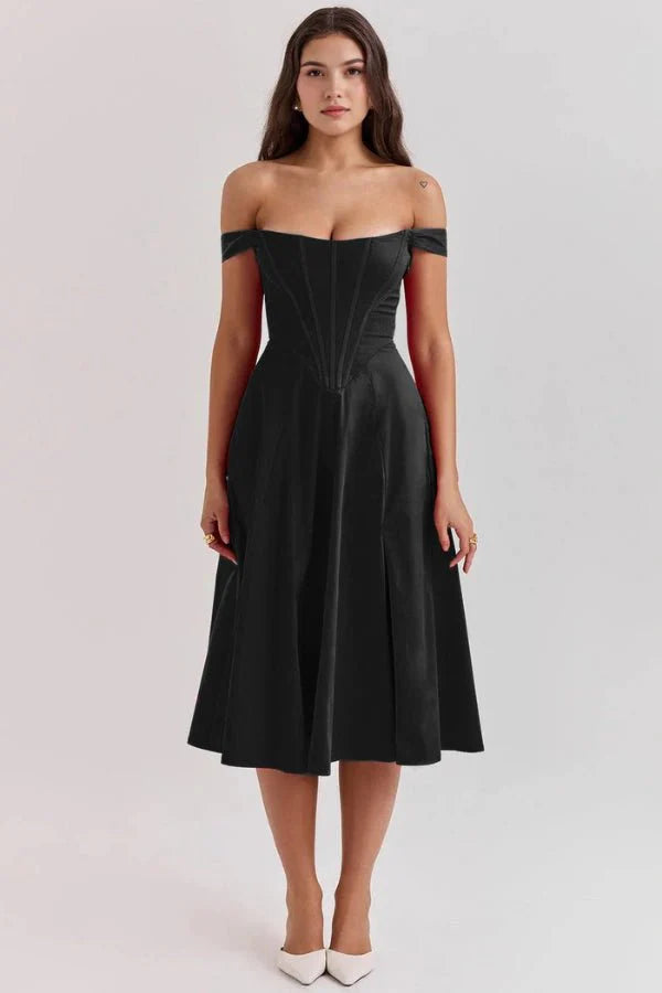 Women's Off Shoulder Sweetheart A-Line Midi Dress with Slit Wedding Guest