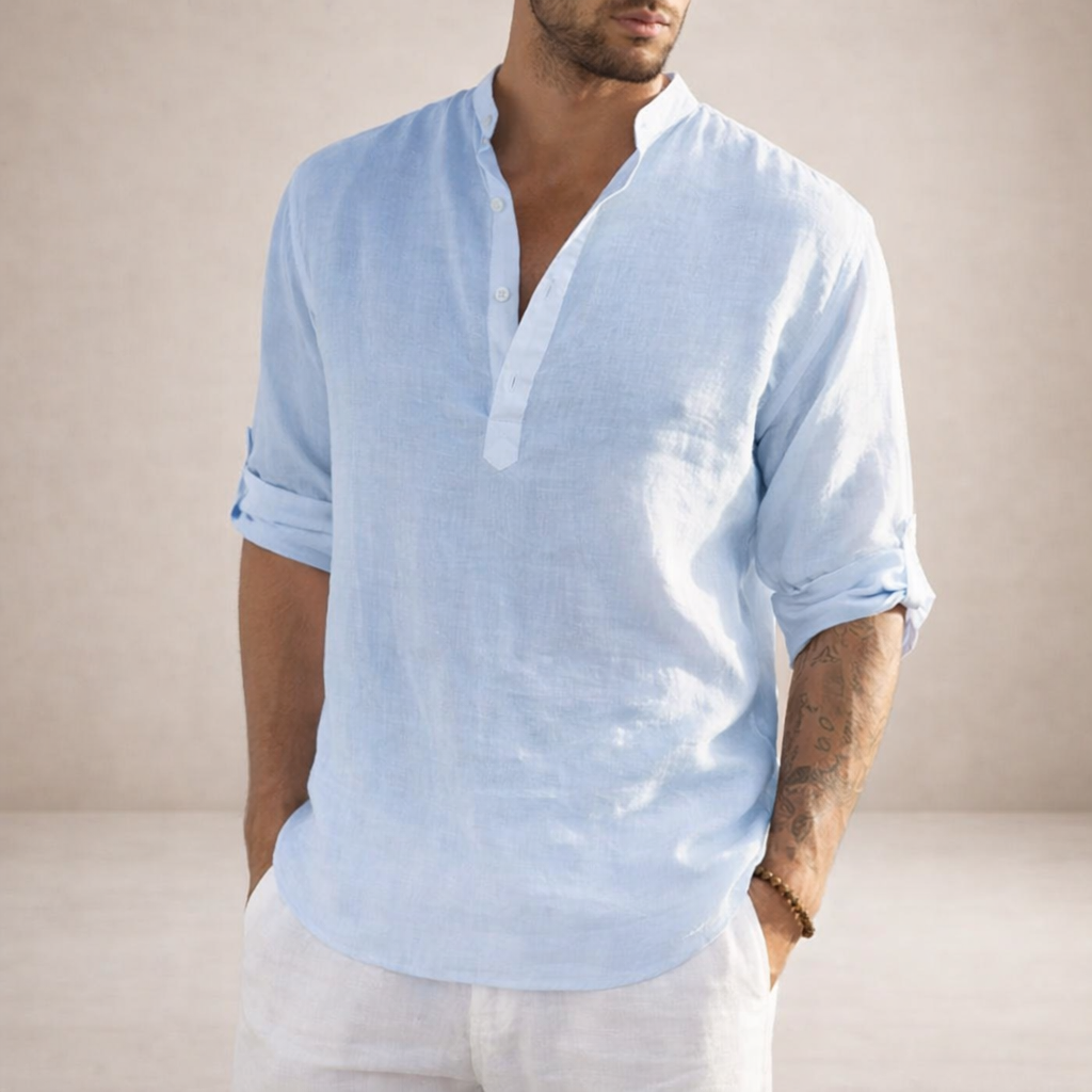 mens regular fit linen shirt | stand collar breathable long sleeve top - alternate view