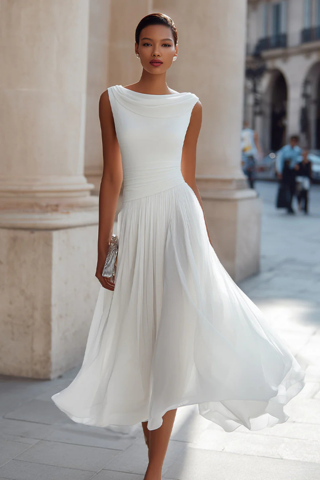 Women's Sleeveless Boat Neck Open Back Pleated Flowy Midi Dress