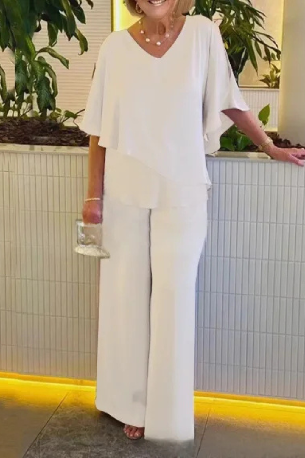 Women's V-Neck Flutter Sleeve Chiffon Top and Wide Leg Pants Two-Piece Set